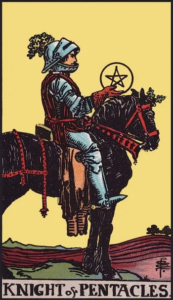Cavalier de Deniers, carte de tarot (À l'endroit)