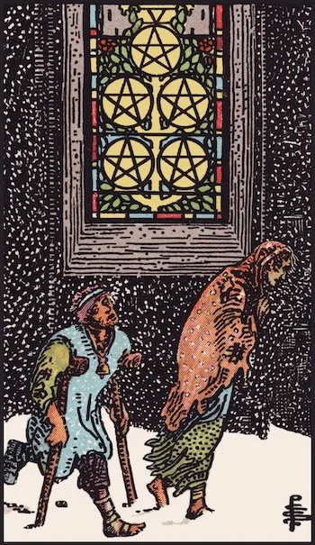 Carta dei tarocchi Cinque di Denari, Dritta