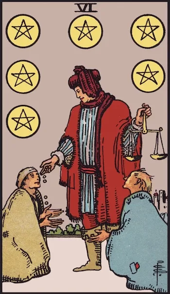 Six of Pentacles tarot card, Upright