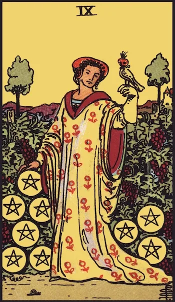 Nine of Pentacles tarot card, Upright