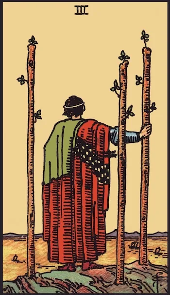 Carta dei tarocchi Tre di Bastoni, Dritta