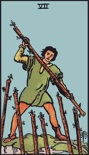 Carta del tarot Siete de Bastos, Vertical